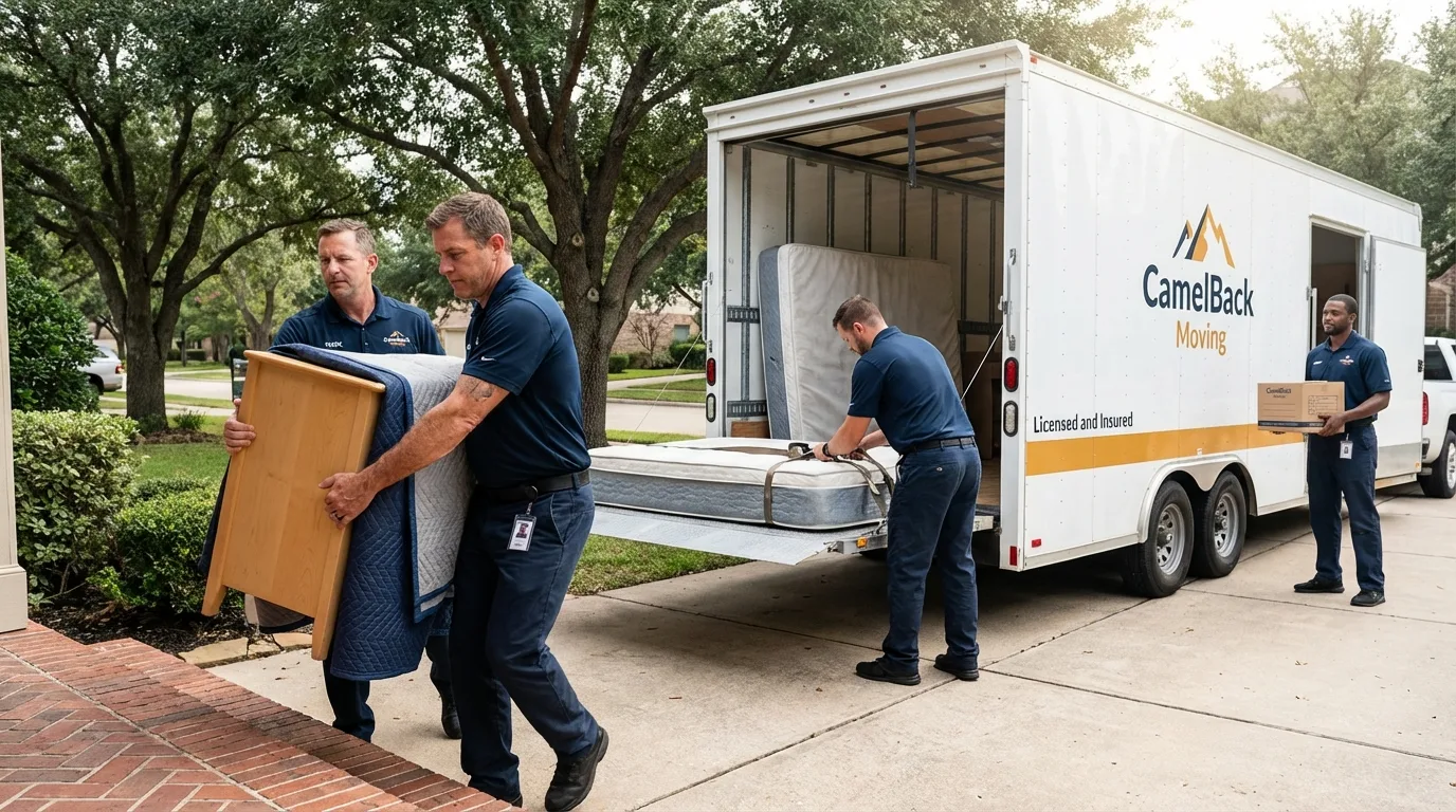 Crew loading residential truck for cross-state move from Fairfield, IL