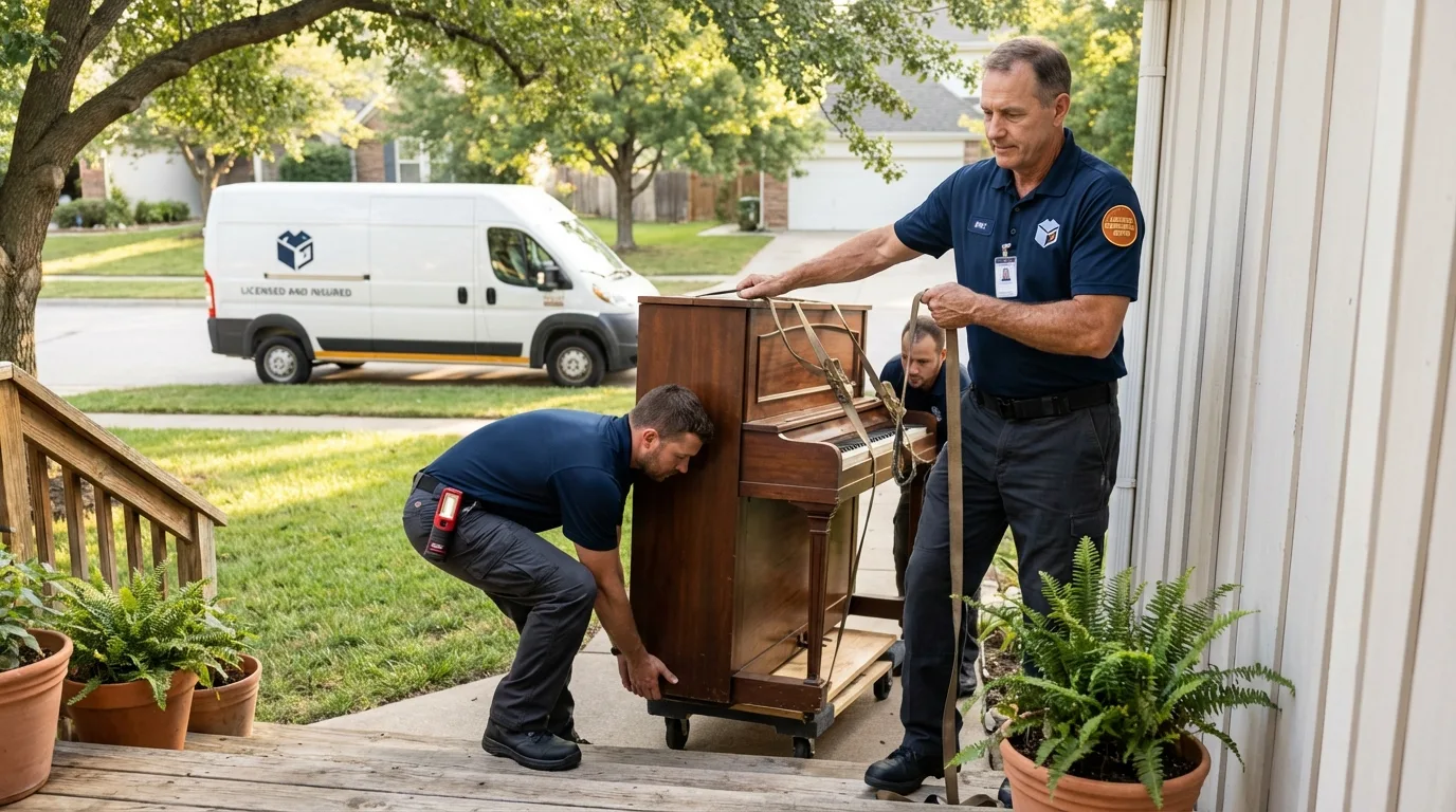 Licensed piano movers securing grand piano in Fairfield, IL