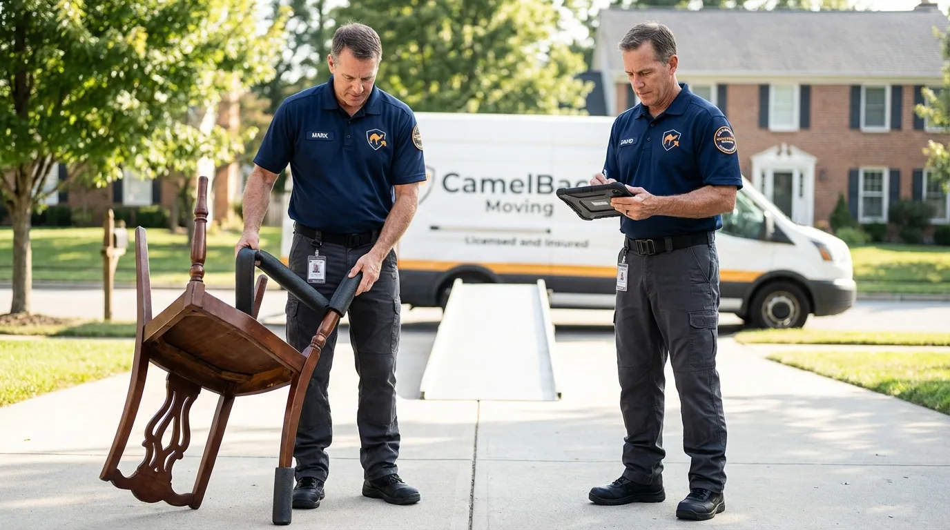 Movers inspecting furniture for damage prevention before loading in Fairfield, IL